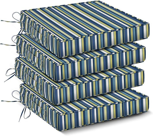 IPYNBAP Outdoor Chair Cushions Set of 4,Waterproof Outdoor Seat Cushions for Patio Furniture,Patio Chair Cushion with Handle and Ties, Out Door Chair Pads,18.5" x 16" x 3", Blue Stripe