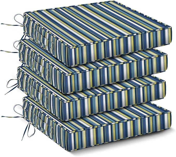 IPYNBAP Outdoor Chair Cushions Set of 4,Waterproof Outdoor Seat Cushions for Patio Furniture,Patio Chair Cushion with Handle and Ties, Out Door Chair Pads,19" x 19" x 3", Blue Stripe