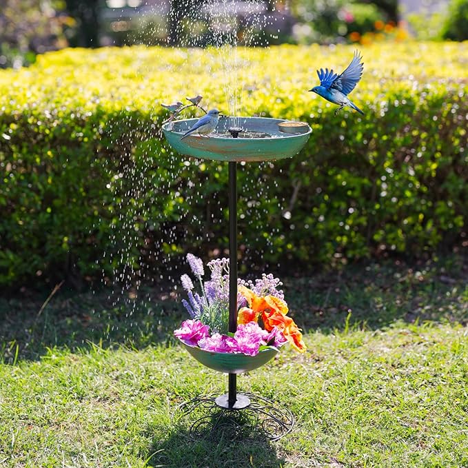 dreamysoul Metal Bird Baths for Outdoors, Pedestal Green Bird Bath with Flower Planter, BirdBaths for Outdoors Garden Yard Patio Decor