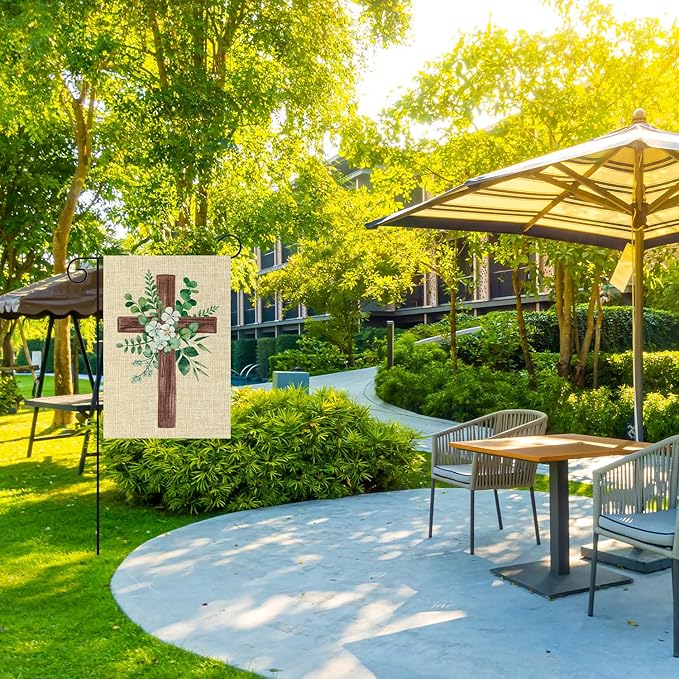 WATINC Spring Summer Eucalyptus Christian Cross Linen Garden Flag- 12 x 18 Inch Easter Religious Yard Flag for Outside, Double Sided House Outdoor Decoration for Porch Lawn Pathway (Green)
