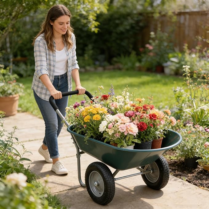 Steel Tray Wheelbarrow Heavy Duty Garden Cart with 12 Inch Pneumatic Wheel, 220lbs Capacity Lightweight Yard Cart Wheelbarrow for Landscaping, Residential Gardening, Red (Green)