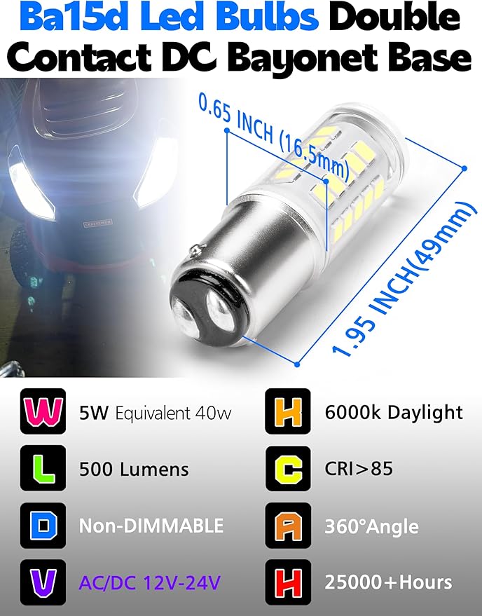 1142 Ba15d Led Bulbs 6000k White 12V-24V, Double Contact DC Bayonet Base 5W, 1004 1076 1176 90 1130 S8 68 78 96 LED Light Bulbs for Car Trailer RV Camper Boat Interior Marine Navigation Lights, 4Pack