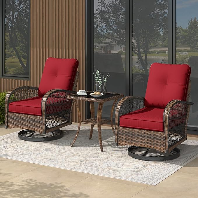 MELLCOM 3 Pieces Patio Furniture Set, Outdoor Swivel Rocker Patio Chairs, Wicker Patio Bistro Set with Rocking Chair, Thickened Cushions and Glass Coffee Table for Backyard, Garden, Wine Red