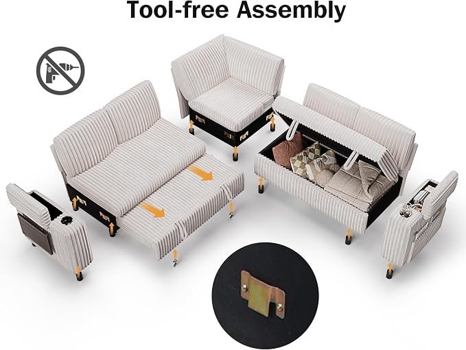 Vipbear 86" Modular Sectional Sleeper Sofa with Pull Out Bed, 5 Seat Plush Corduroy L Shaped Couch with Storage Seat|USB Ports|Cup Holders|Side Table|Storage Armrests, Tool Free Assembly, Beige