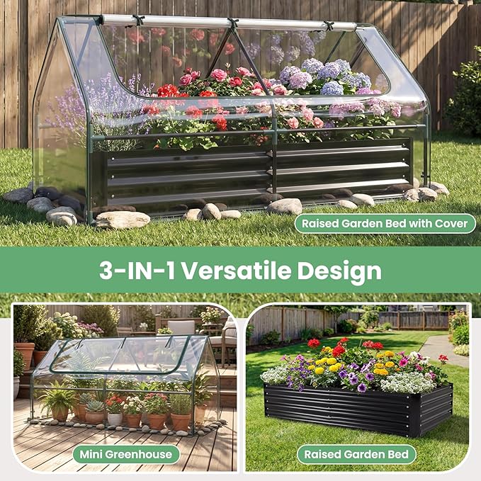 HAPPYGRILL Raised Garden Bed with Cover, Planter Boxes Outdoor w/Mini Greenhouse, 2 Roll-up Windows & Open-Ended Base, Metal Growing Raised Bed for Vegetables (Black, 72” x 36” x 37”)