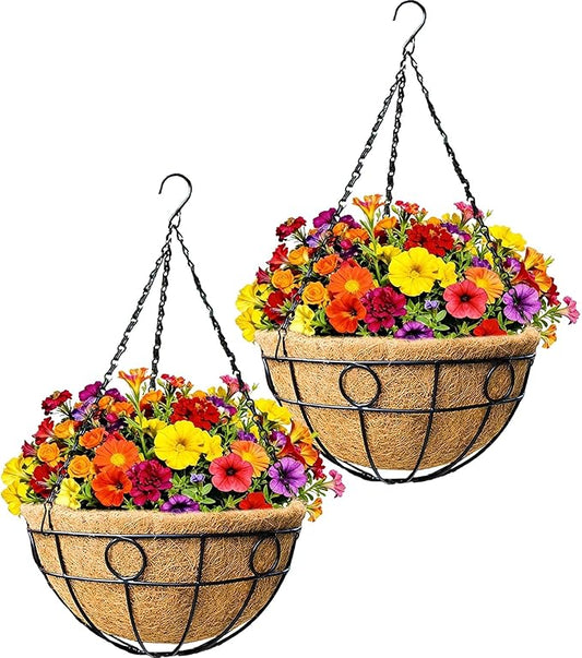 2 Pack 12" Round Metal Hanging Basket for Outdoor Plants Durable Large Hanging Planter with Coco Coir Round Plant Holders Planter for Outside Garden Decoration (Circular)