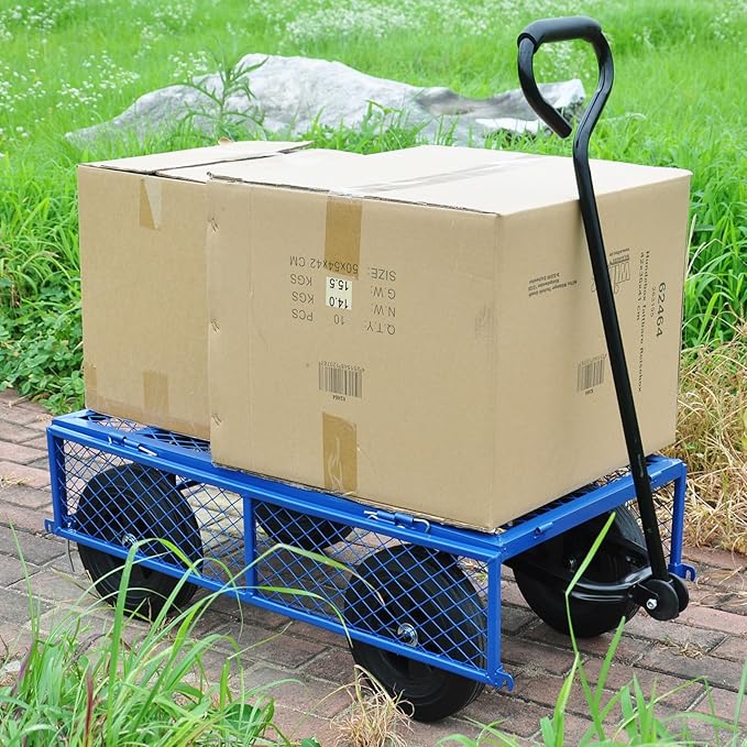 Heavy Duty 480 Lbs Capacity Mesh Steel Garden Cart Folding Utility Wagon with Removable Sides, Solid Wheels Tools Cart Wagon Cart, Easier to Transport Firewood (Blue)