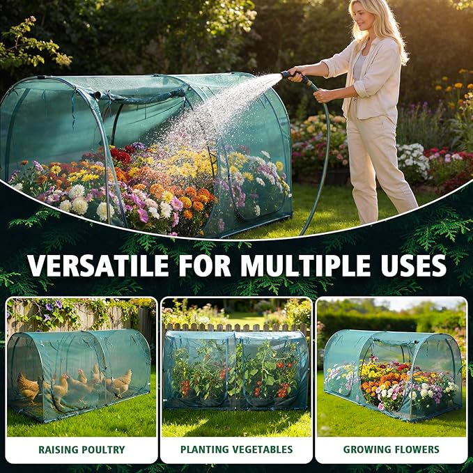 99x49x49 Inch Crop Cage, Portable Tunnel Plant Netting Cover Tomato Netting, 4 Roll-Up Zipper Door Garden Cage, Bug Netting Cover for Vegetables & Fruits, Durable Raised Garden Bed Covers