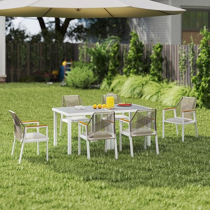 Aluminum Outdoor Patio Dining Chairs - Imitation Rope Vine Chair, Ergonomic Backrest Design Detachable Seat Cushion Soft and Breathable Garden Porch, White, Set of 8