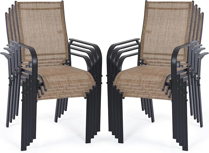 Patio Chairs Set of 8, Outdoor Dining Chairs High Back, All-Weather Padded Textilene Chair for Lawn Porch Garden,Brown(8 PCS)
