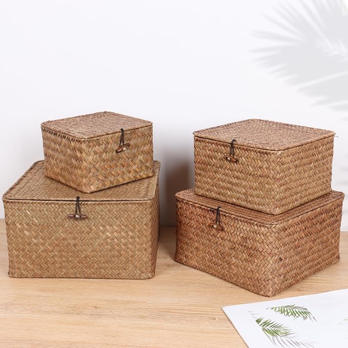 Moosky Wicker Shelf Baskets with Lid, Handwoven Seagrass Storage Basket Bins Square Gift Boxes for Shelves Home Decor Organizer (Coffee, Set of 4)