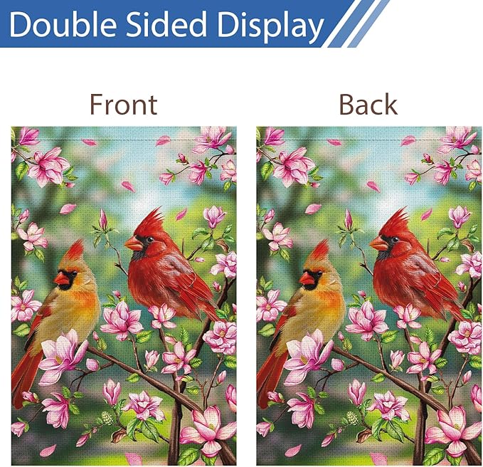 Heyfibro Spring Cardinal Garden Flag Spring Summer Magnolia Flower Garden Flags 12x18 Inch Double Sided Burlap Red Bird House Welcome Flag for Seasonal Farmhouse Yard Outdoor Decor(ONLY FLAG)