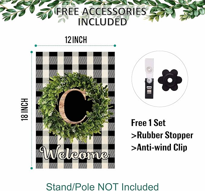 Baccessor Monogram Letter C Garden Flag 12.5 x 18 Inch, Buffalo Plaid Family Last Name Initial Boxwood Wreath Welcome Vertical Double Sided Small Flags for Outdoor Outside Decoration