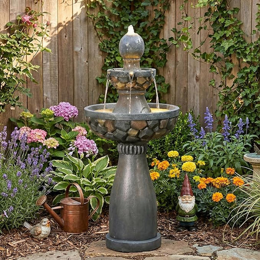 Sunlinua 46.5H 3-Tier Outdoor Water Fountain with LED Lights Italian Resin Garden Fountain for Patio Garden Weather-Resistant Cascading Waterfall Feature with Quiet Pump Elegant Décor Black Gray