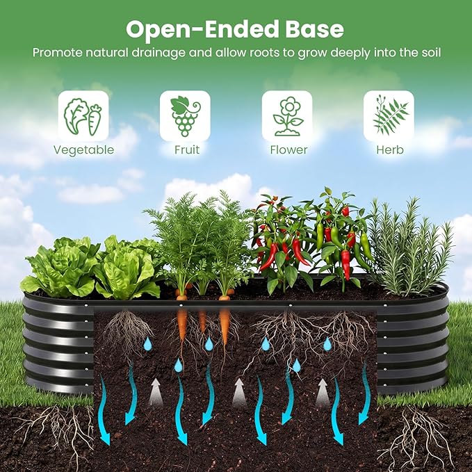 Giantex Raised Garden Bed w/Greenhouse Cover, Outdoor Oval Metal Steel Planter Box w/Roll-up Window, Clear PVC Mini Greenhouse for Vegetables Flowers Herbs Outdoor Patio Gardening, 6x2x1 FT (Black)