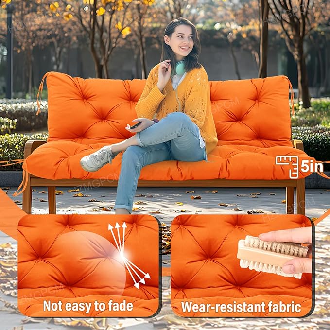Extra Thick 5" Waterproof Porch Swing Cushions Outdoor 60 inch Swing Cushions 3 Seater Replacement with Backrest and Ties for Outdoor Furniture Patio Bench Garden (Orange)