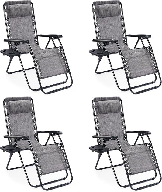 Sweetcrispy Zero Gravity Chairs, Set of 4 Portable Recliner Beach Camping Patio Outdoor Folding Lounge Chair with Cup Holder Trays and Adjustable Pillow for Poolside, Garden, Backyard, Lawn (Grey)
