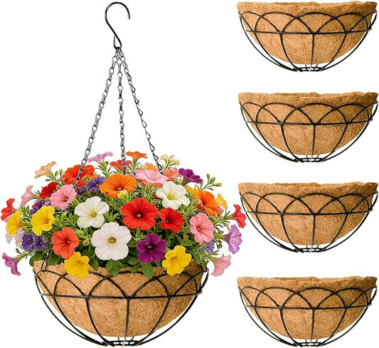 EIMQUVW 12 Inch Outdoor Patio Hanging Planters (Pack 4) Black Round Coconut Fiber Hanging Baskets with Chain and Hooks Metal Flower Pots Suitable for Balcony Railings Garden Pergolas