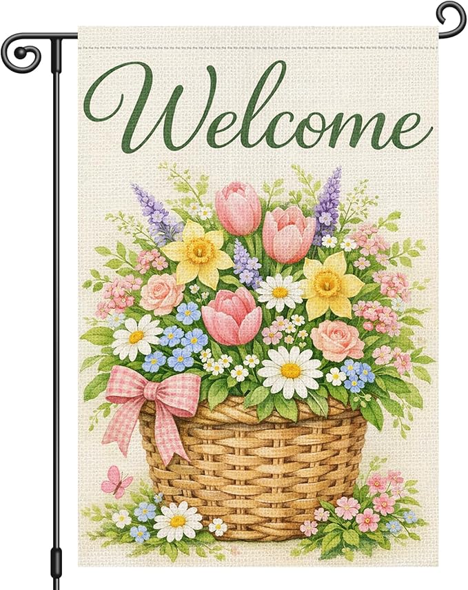 Heyfibro Welcome Spring Floral Basket Garden Flag 12x18 Inch Double Sided Spring Tulip Daffodil Garden Flag Small Yard Flags for Outside House Farmhouse Seasonal Outdoor Decorations