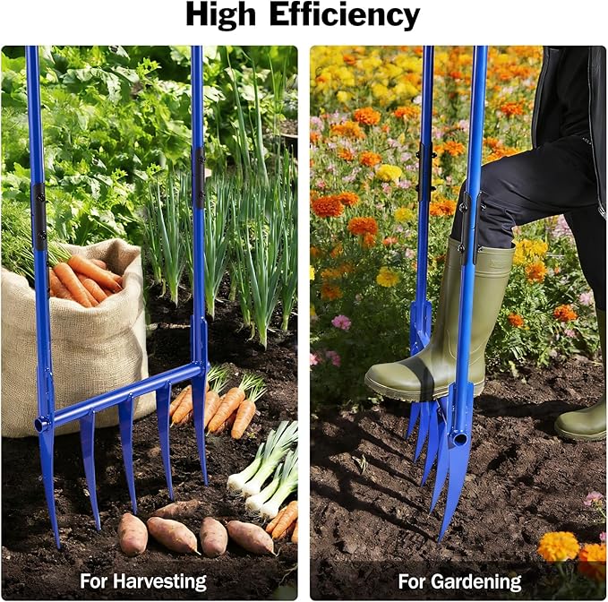 56'' Heavy Duty Broadfork for All the Soils, Unbreakable Design Pitchfork, 5 Sharp and Cambered 11'' Tines Bord Fork Garden Tool, Ergonomic Handles, Good Package, Easy Assembly, Blue.