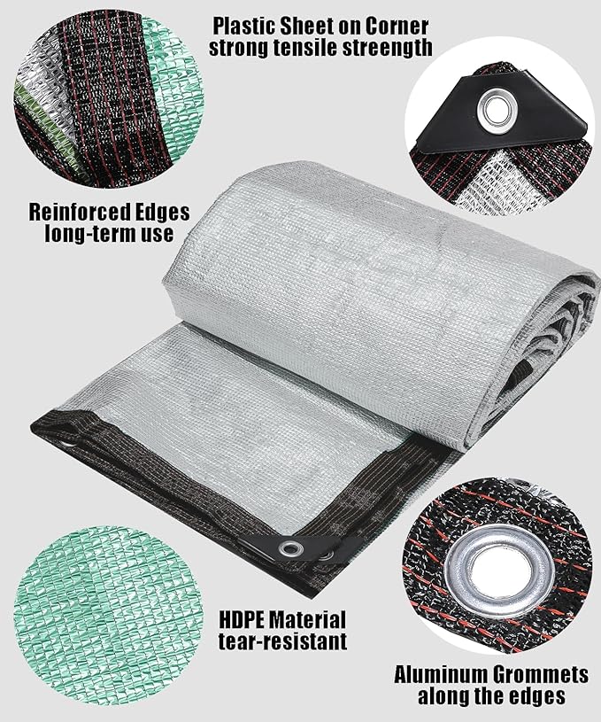 90%-95% Aluminum Sun Shade Cloth with Grommets 10 FT x 20 FT - Pergola Shade Cover Canopy, Mesh Tarp Sun Screens - Heat Reflective Tarp for Outdoor Pergola,Greenhouse,Garden - Green Silver Color