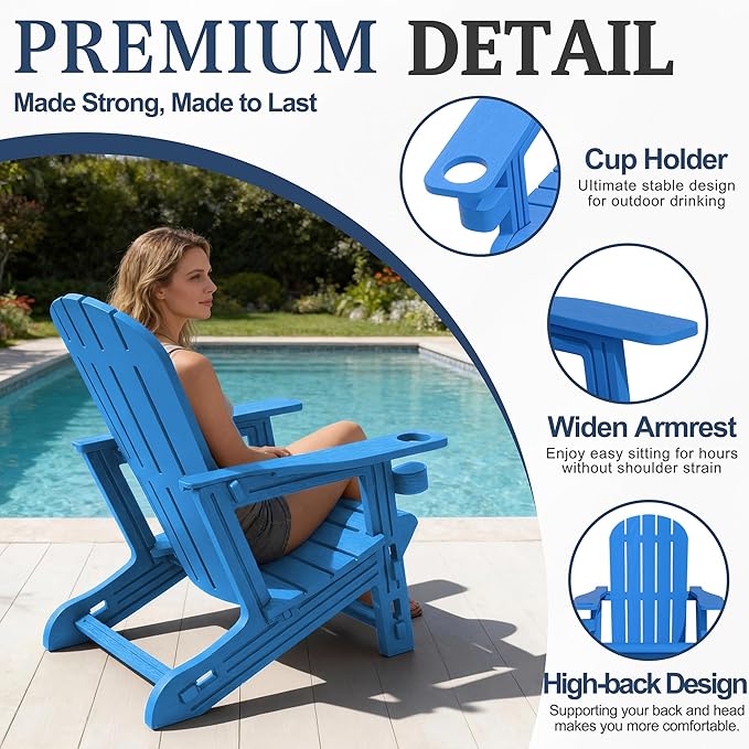 Vongrasig Adirondack Chairs Set of 2 with Removable Tabletop, Outdoor HDPE Plastic Fire Pit Chair Set with Wooden Textured, Cup Holder for Patio, Poolside, Deck, Garden, Light Blue, 3 Pieces