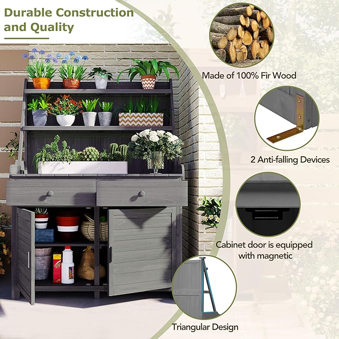 RUNNA 65inch Garden Potting Bench Table, Fir Wood Workstation with Storage Shelf, Drawer and Cabinet (Gray@017, 65inch)