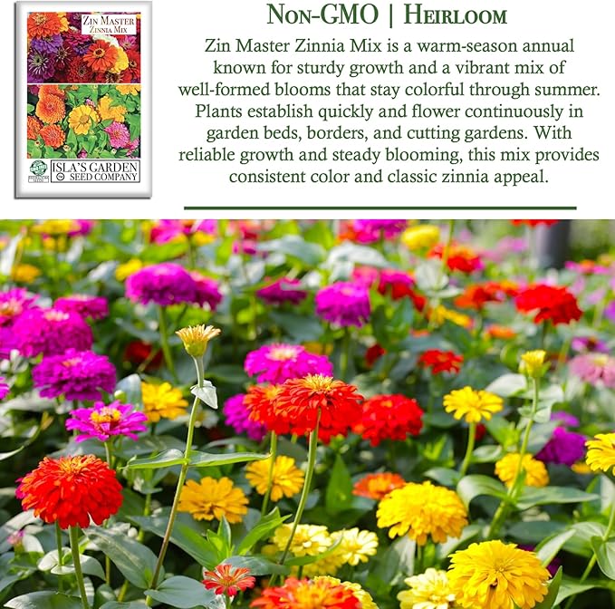 Zin Master Mix Zinnia Seeds (Zinnia elegans) – 200+ Heirloom Non GMO Flower Seeds by Isla’s Garden Seeds, Easy Growing Colorful Summer Blooms for Pollinators, Beds, Borders, Cutting Gardens, Gift Idea