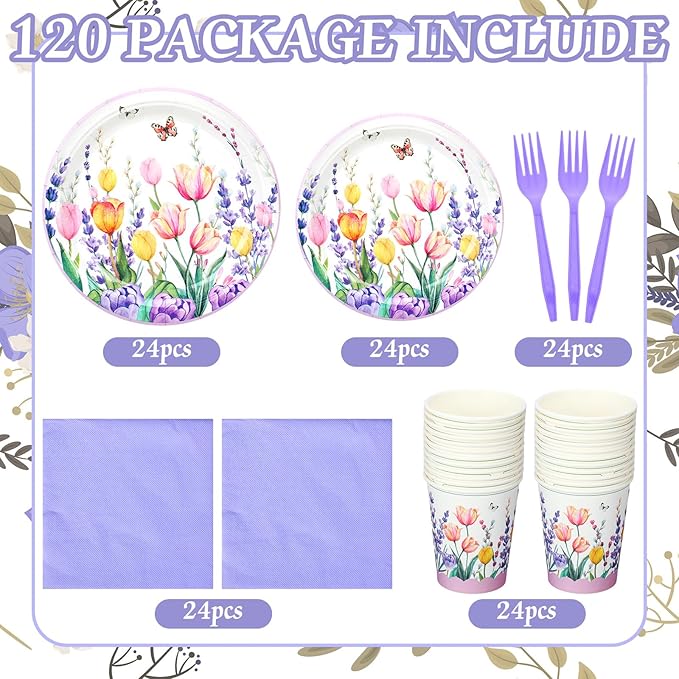 Mumufy 120 Pcs Spring Party Supplies Lavender Tulip Butterfly Floral Tableware Set Include 24 Disposable Paper Dinner Plates 24 Dessert Plate 24 Napkins 24 Cups 24 Forks for Spring Party Baby Shower