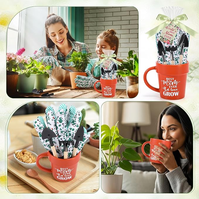 Baderke Gardening Gifts for Women Plant Coffee Mug Gardening Tools Kit with Hand Fork Trowel Gloves Birthday Gift Spring Stuffers White Elephant Gifts for Adults Mom Plant Lovers Women