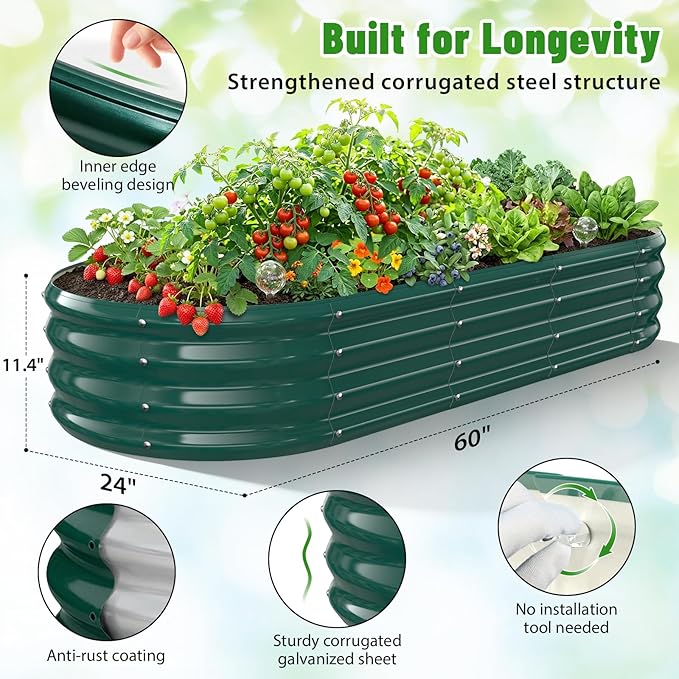 Oval Raised Garden Bed, 5 x 2 x 1FT, Galvanized Steel Planter Box with Wave-Shaped Metal Panels Painted for Outdoor Flower,Tree,Herb & Vegetable Garden (Green, 60X24X12 inches)