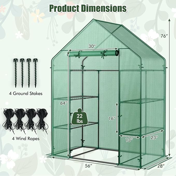 Giantex Walk-in Greenhouse, 4 Tier 8 Shelves, Portable Plant Garden House Indoor Outdoor Mini Growing House for Herb Flower Succulent, Zipped Door, Metal Frame, Patio Lawn Yard