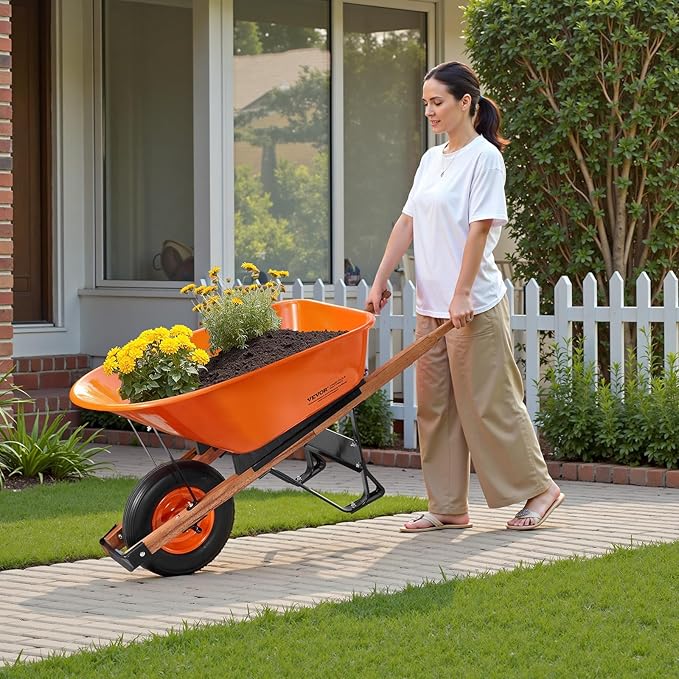 VEVOR Wheelbarrow Cart, 6 Cu. Ft. Load & 330 lbs Capacity, One Wheel Garden Dump Cart Wheel Barrow with Metal Handle & 16" Wide Track Wheels, Easy Loading Utility Yard Cart & Wagons for Lawn Farm