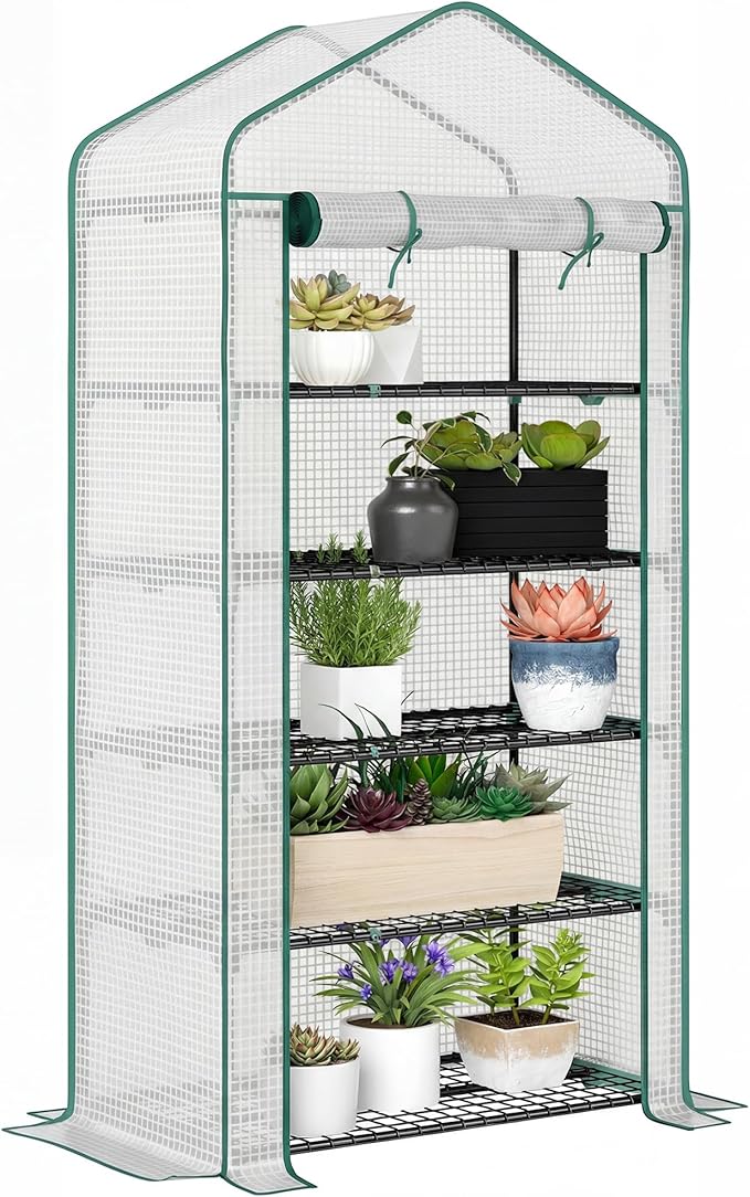 Outsunny 5 Tier Mini Greenhouse, 76" x 35.4" x 19.3" Small Portable Greenhouse with Reinforced PE Cover, Roll-Up Zippered Door, for Indoor Outdoor Garden Yard Backyard, White