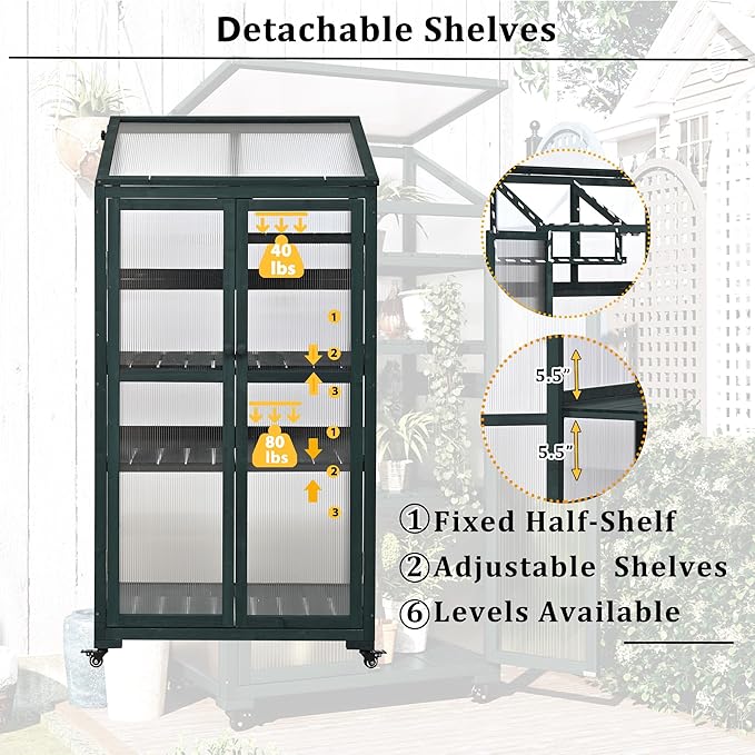 Mini 4-Tier Greenhouse with Locking Wheels, 62 Inch Height Portable Wooden Green House Cold Frame with Adjustable Shelves and Vent, Small Garden House for Outdoor Indoor, Forest Green