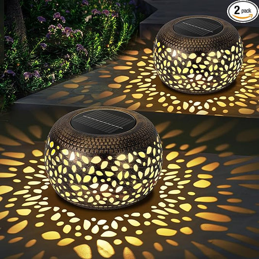Solar Lanterns Waterproof Outdoor Decor: 2 Pack Hollow Out Retro Metal Solar Lights - Unique Gardening Gifts for Women Mom - Outside Garden Yard Patio Porch Tabletop Decorations 2 Lighting Colors