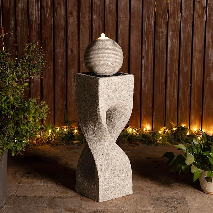 Glitzhome Outdoor Water Fountain, Outdoor Fountain with Pebbles, Pump and LED Light, 36.5" H Polyresin Modern Geometric Pedestal and Sphere Waterfall Fountain Water Feature for Garden, Patio, Yard