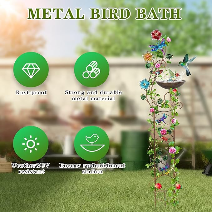 YADOOLIFE 57” Bird Bath with Garden Trellis for Climbing Plants Outdoor, Small Decorative Trellises Metal Birdbath Bird Baths, 1 Piece (Dragonfly)