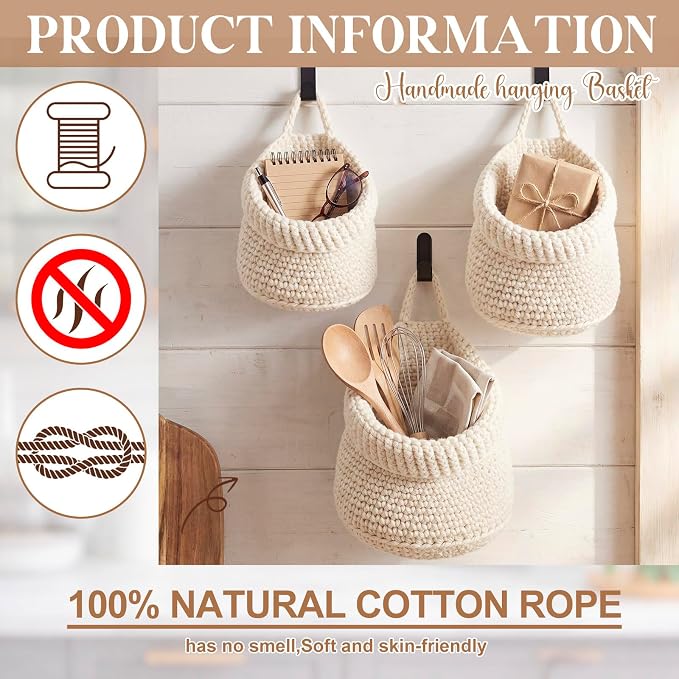 Honeydak 3 Hanging Baskets, White, Barrel, Cotton Rope | Wicker Wall Baskets with Hooks for Fruit Vegetable Onion Storage, Teardrop Organizer for Kitchen, Boho Farmhouse Decor
