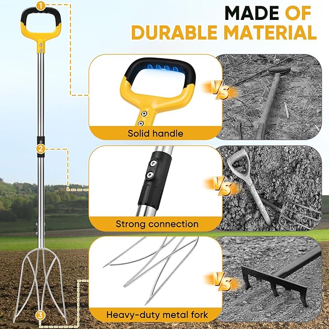 AugFir Pitchfork for Gardening, 48.5" Extendable Stainless Steel Garden Pitchfork with Handle, Suitable for Digging, Fertilizing, Transplanting, Multifunctional Garden Fork - 3 Tines