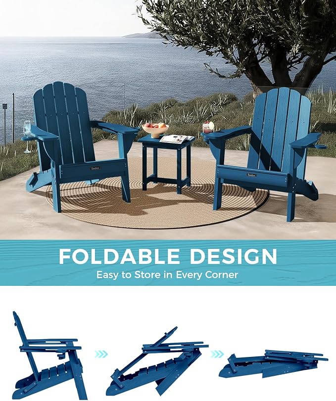 Adirondack Chairs Set of 2, Wood Texture Fire Pit Chairs, Plastic Adirondack Chairs with 2 Cup Holder, Outdoor Lawn Chair for Patio Garden, Navy Blue
