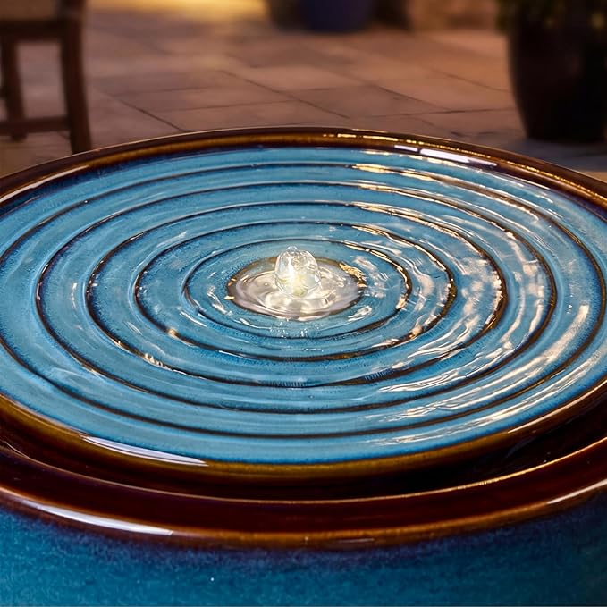 9-Inch Outdoor Water Fountain, Indoor Round Bubbler Water Feature with LED Light, Eastern Ceramic Waterfall Fountain, Classic Decor for Garden, Patio, Yard, Porch, Deck, Balcony in Blue