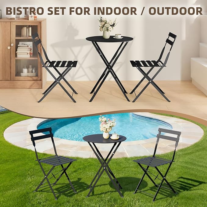 3-Piece Folding Bistro Set, 2 Chairs and 1 Coffee Table, Space Saving Weather-Resistant Frame, Portable Indoor/Outdoor Patio Furniture Conversation Set for Garden Porch Balcony Deck - Black