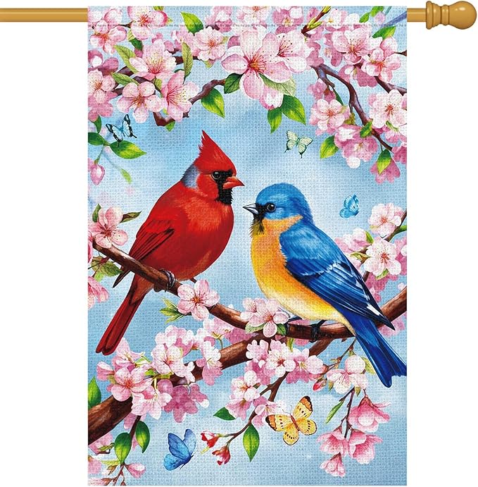 Heyfibro Spring Summer Cardinal Garden Flag 28x40 Double Sided Burlap, Bluebird & Cherry Blossom Flower Yard Banner for Rustic Seasonal Outdoor Decoration (ONLY FLAG)