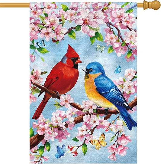 Heyfibro Spring Summer Cardinal Garden Flag 28x40 Double Sided Burlap, Bluebird & Cherry Blossom Flower Yard Banner for Rustic Seasonal Outdoor Decoration (ONLY FLAG)