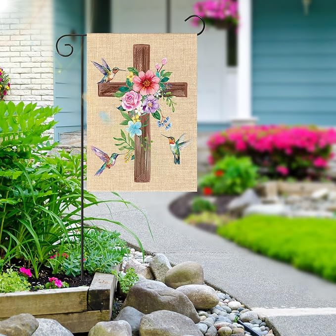 WATINC Spring Summer Hummingbird Flower Christian Cross Linen Garden Flag - 12 x 18 Inch Easter Religious Yard Flag for Outside, Double Sided House Outdoor Decoration for Porch Lawn Pathway (Pink)
