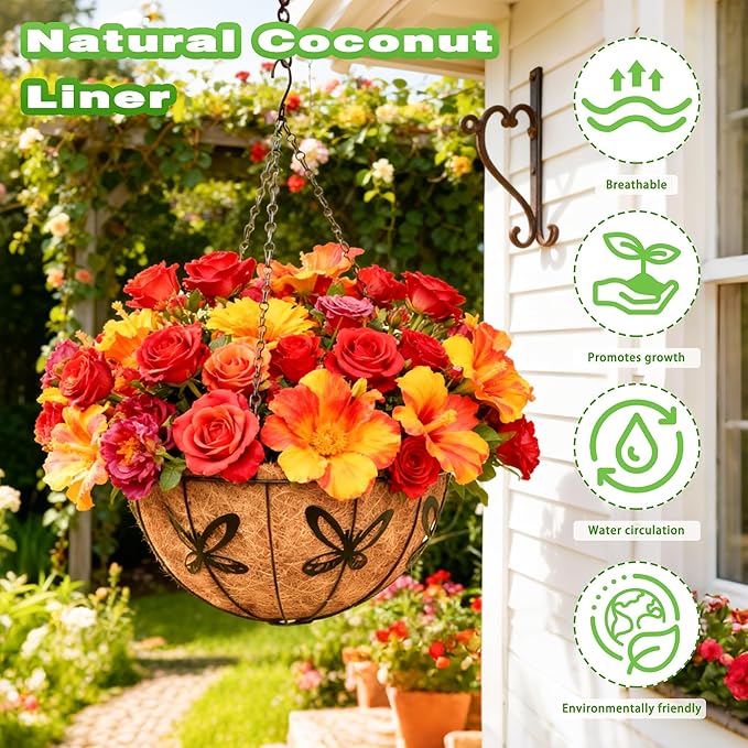 4 Pack 12 Inch Metal Outdoor Hanging Baskets Black Heavy Duty Hanging Planters with Coco Liners for Indoor Outdoor Plants Gardens Patios Terraces（Butterfly）