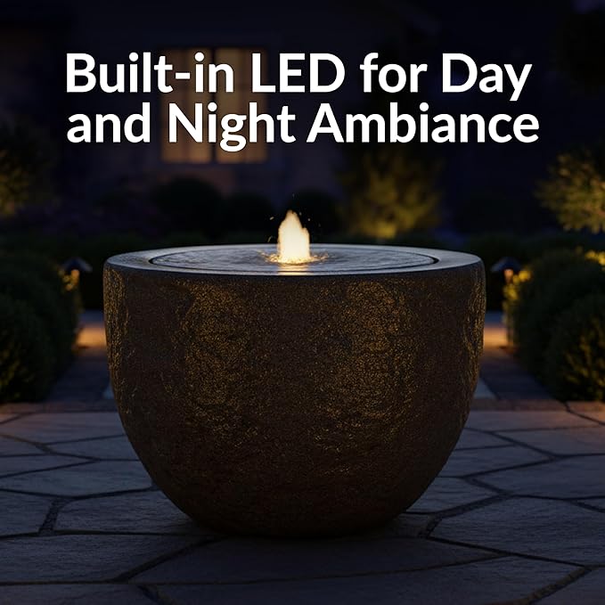 Sunnydaze Outdoor Water Fountain with LED Light - Polystone Oval Bowl Bubbler Water Feature with Pump - 12" H - for Patio, Garden, Deck, Relaxation and Stress Relief - Gray