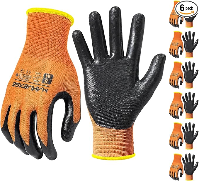 MANUSAGE Safety Work Gloves, Excellent Grip, Nylon Shell Foam Nitrile Palm Coated Working Gloves, Knit Wrist Cuff (Size L, Orange, 6-pairs) (N1558OL6)