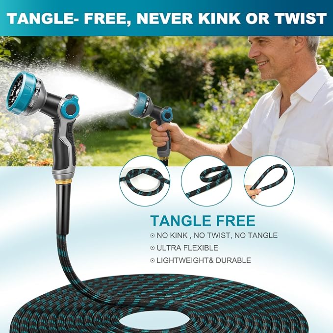 Garden Hose 30FT Non-Expandable Ultra Lightweight Water Hose & Super Flexible Hose with 10-Pattern Hose Nozzle High-Strength Special Cloth Cover with 3/4" Brass fitting for Lawn, Yard, Car Washing